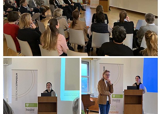 Es sind drei Fotos abgebildet. das Foto oben zeigt die Teilnehmenden, wie sie dem Vortrag der Professorin zuhören. Die beiden unteren Bilder zeigen die Professorin am Redner*innen-Pult. Auf dem rechten Bild steht zusätzlich die Rektorin neben dem Redner*innenpult.