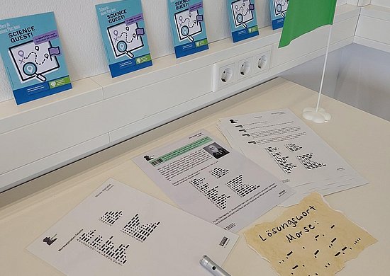 Eine weiße Tischplatte mit Arbeitsblättern, einem laminiertem Blatt, einer Taschenlampe, einer grünen Papierfahne und einem Zettel mit Lösungswort in Morsecode. Mittig links im Bild befinden sich auch noch fünf an der Wand aufgereihte Science Quest Flyer.