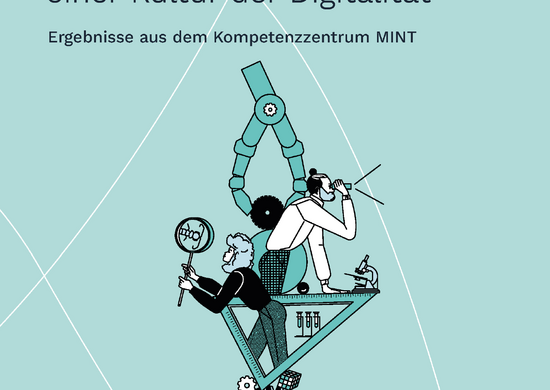 Titelseite des Sammelbandes. Auf hellblauem Grund stehen der Titel des Sammelbandes, die Herausgeber*innen, der Name des Projektes sowie der Verlag. Darunter ist eine Abbildung mit verschiedenen MINT-spezifischen Objekten.